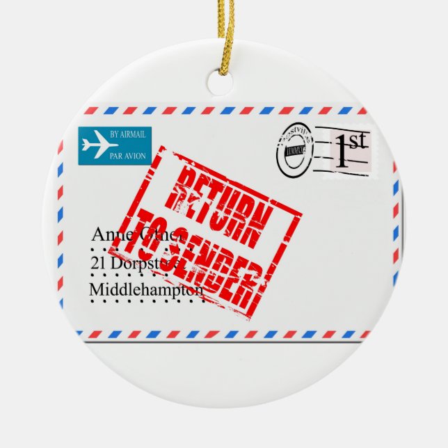 Airmail envelope return to sender ceramic ornament (Front)