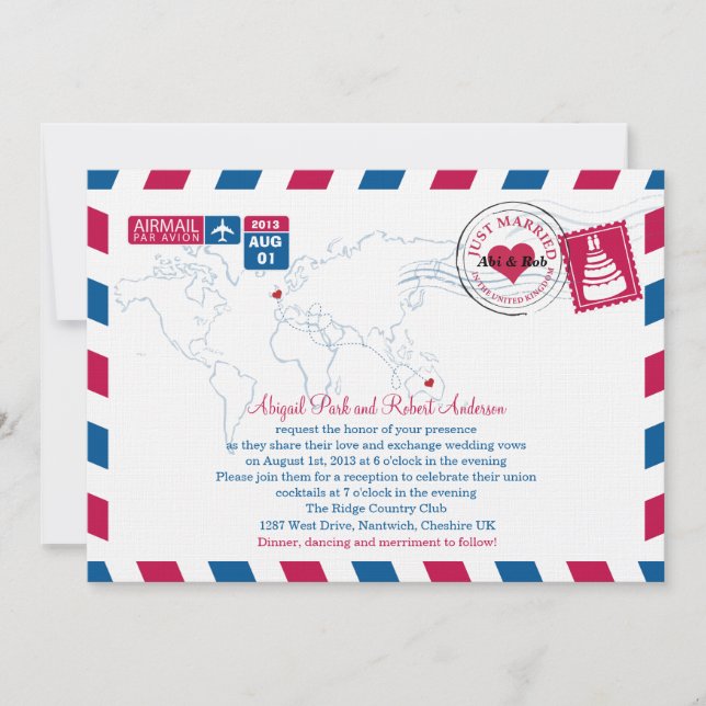 Airmail Heart UK and Austraila Wedding Invitation (Front)