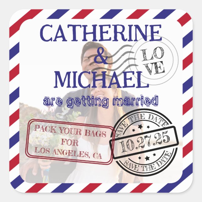 Airmail Photo Save The Date Wedding  Square Sticker (Front)