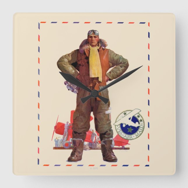 Airmail Pilot Square Wall Clock (Front)