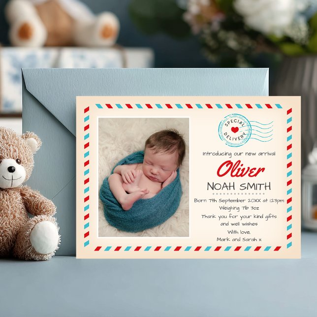 Airmail Themed New Baby Announcement Card (Special delivery ✈️ Announce your baby boy’s arrival with this charming airmail-themed photo card.)