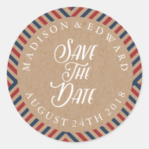 Airmail Wedding Save the Date Sticker, kraft Classic Round Sticker