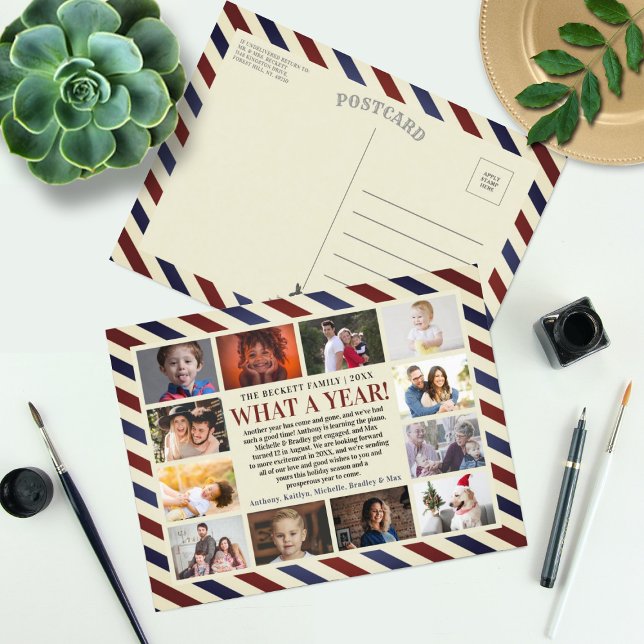 Airmail What A Year In Review 12 Photo Collage Holiday Postcard (Creator Uploaded)