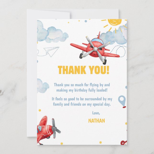 Airplane Aviation Any Age Birthday Party  Thank You Card (Front)