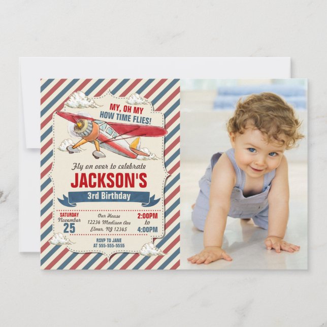 Airplane Birthday Photo Invitation / Time Flies (Front)