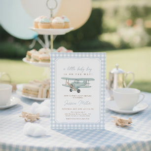 Airplane Blue Gingham Baby Shower Invitation