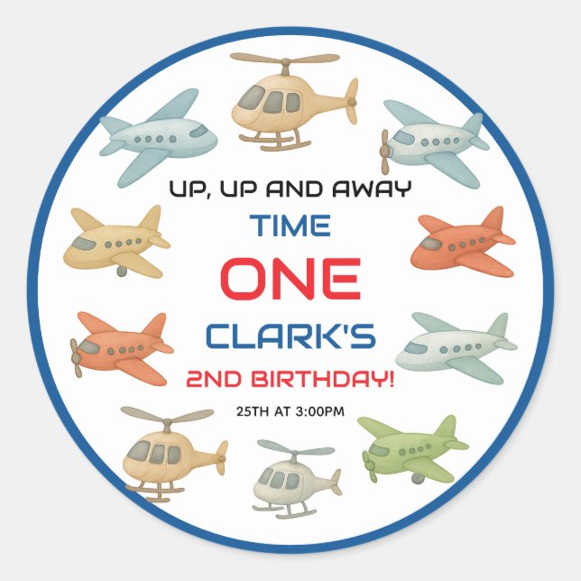Airplane Boy 1st Birthday | Fun Sky Theme Party Classic Round Sticker (Front)