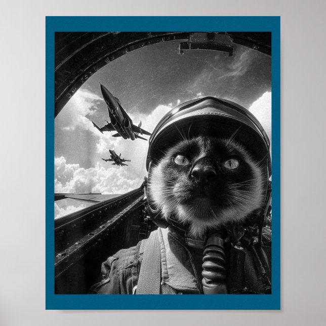 Airplane Cat Jet Pilot Selfie Siamese Fighter Fun Poster (Front)