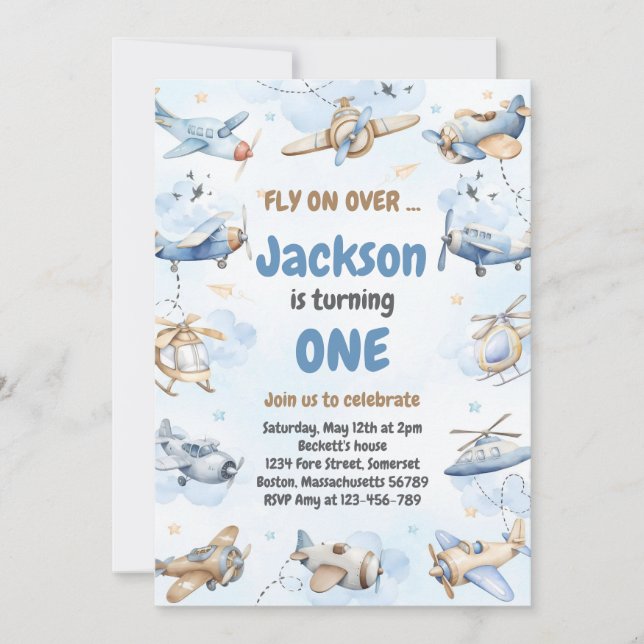 Airplane Fly On Over Boy Birthday Invitation (Front)