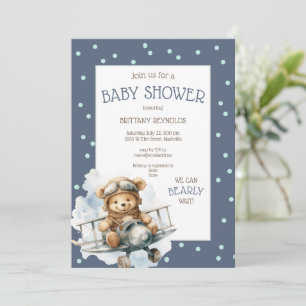 Airplane Flying Blue Bear Baby Shower Invitation