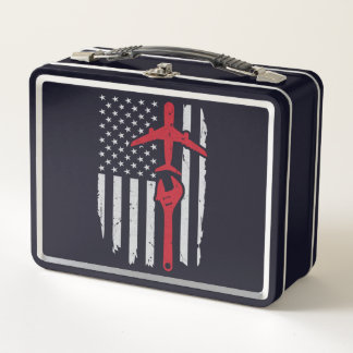 Airplane Mechanic Apparel Aircraft American Flag Metal Lunch Box