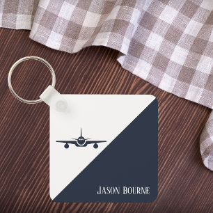 Airplane Navy Blue and White Stylish Photo Travel Key Ring