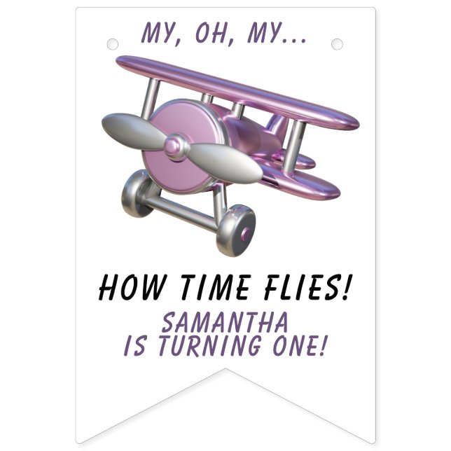 Airplane Oh My Time Flies Travel First Birthday  Bunting (First Flag)