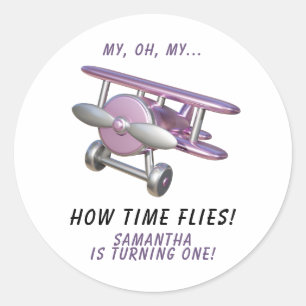 Airplane Oh My Time Flies Travel First Birthday  Classic Round Sticker