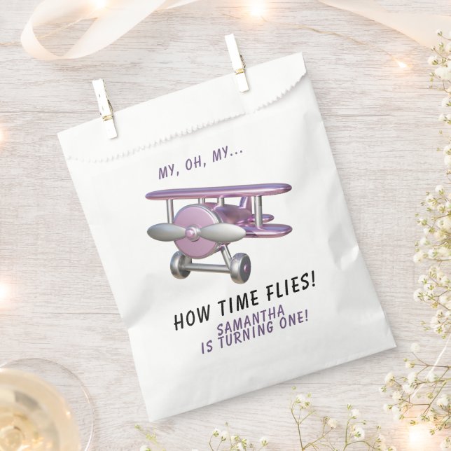 Airplane Oh My Time Flies Travel First Birthday  Favour Bag (Clipped)
