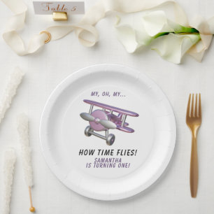 Airplane Oh My Time Flies Travel First Birthday Paper Plate