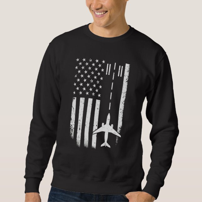 Airplane Pilot American Flag Airport Runway Funny  Sweatshirt (Front)