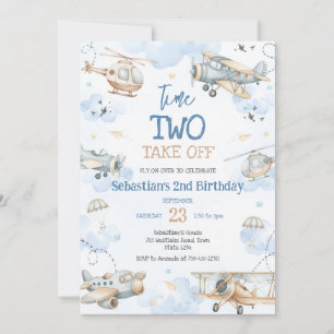 Airplane Pilot Party Time Two Take Off Birthday Invitation
