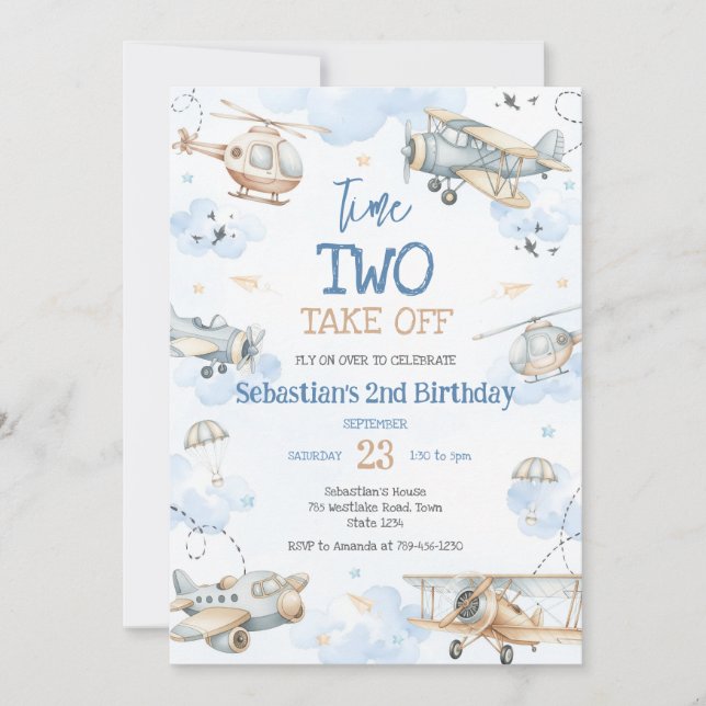 Airplane Pilot Party Time Two Take Off Birthday Invitation (Front)