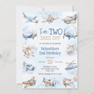 Airplane Pilot Party Time Two Take Off Birthday Invitation