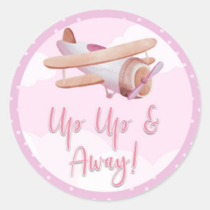 Airplane Pink Clouds Baby Shower Sticker Up Away