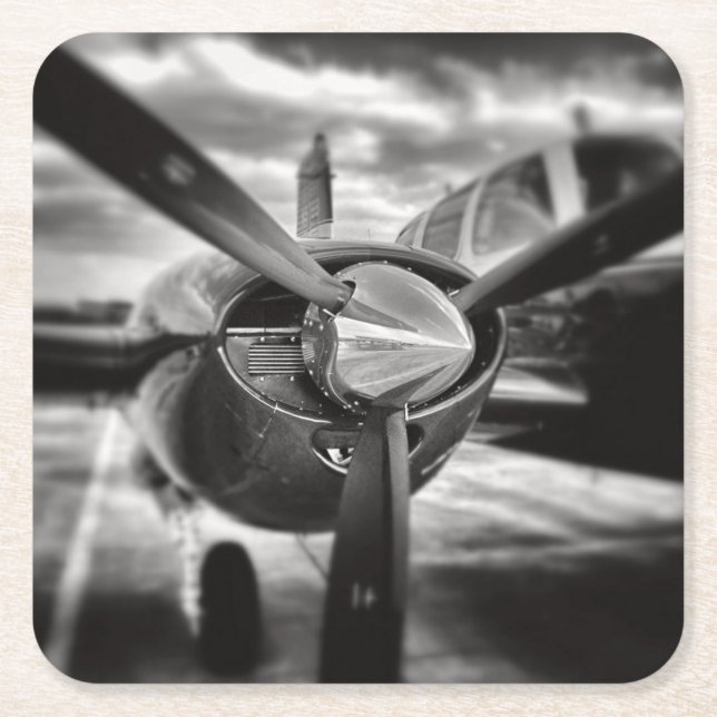 Airplane propeller Black and White Square Paper Coaster (Front)