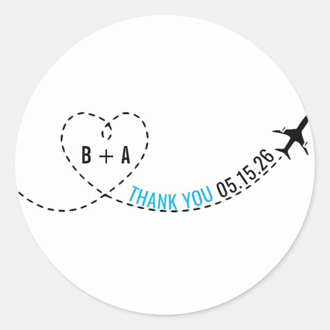 Airplane Route Monogram Wedding Date Thank You Classic Round Sticker (Front)