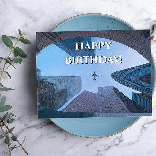 Airplane & Skyscraper photo,Cool Aviation Birthday Postcard