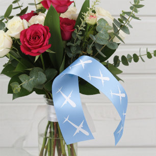 Airplane Soaring High in Formation on Sky Blue Satin Ribbon