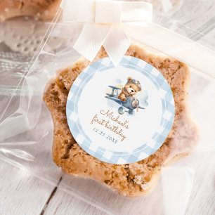 Airplane Teddy Bear Blue 1st Birthday Classic Round Sticker