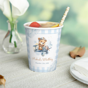 Airplane Teddy Bear Blue 1st Birthday Paper Cups