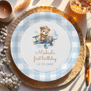 Airplane Teddy Bear Blue 1st Birthday Paper Plate