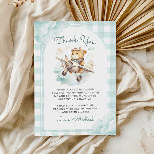 Airplane Teddy Bear Pastel Gingham 1st Birthday Thank You Card