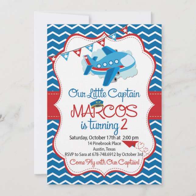 Airplane theme birthday invitation for boys (Front)