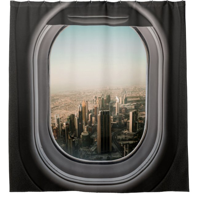 AIRPLANE WINDOW VIEW OF CITY DURING DAYTIME SHOWER CURTAIN (Front)