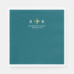 Airplane With Pilot Initials - aero dark teal blue Napkin