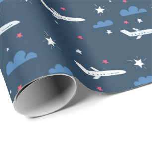 airplanes and stars on blue wrapping paper