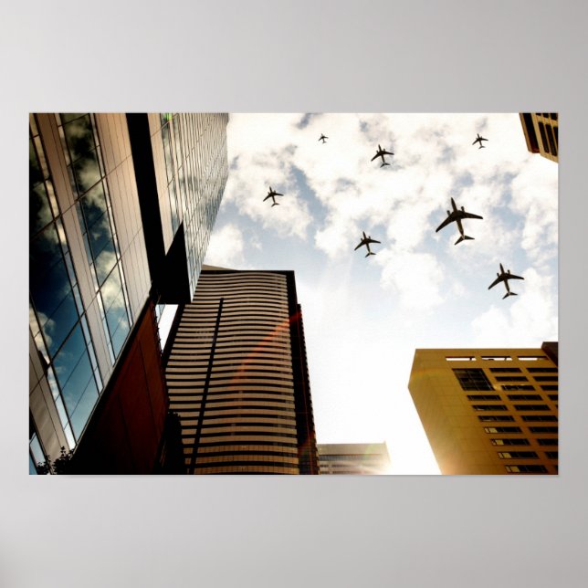 Airplanes flying over buildings poster (Front)