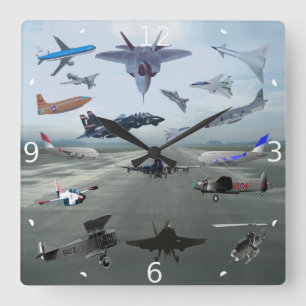 AIRPLANES ON A CAROLINA BLUE SKY SQUARE WALL CLOCK