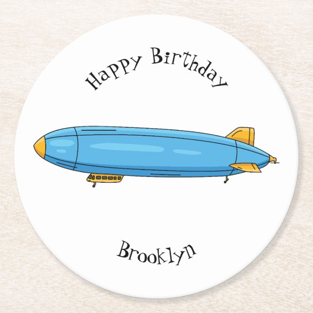 Airship cartoon illustration round paper coaster (Front)