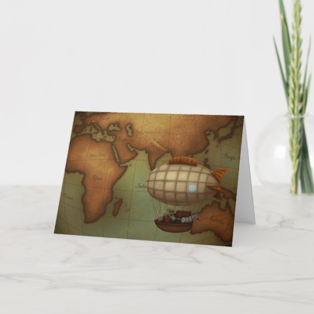 Airship Flying Over Eastern Hemisphere Map Card (Front)