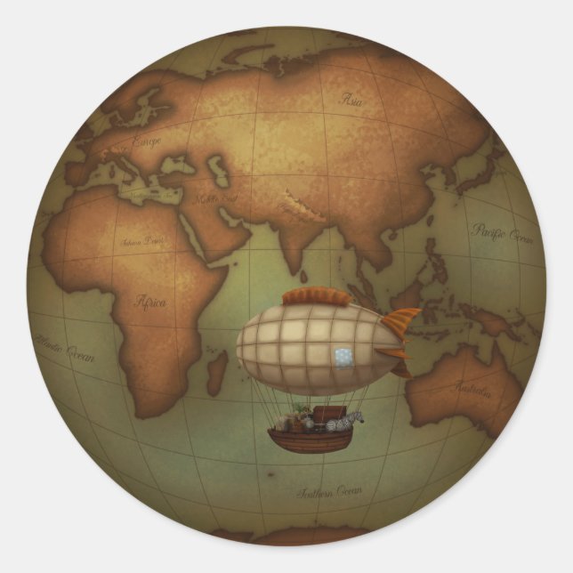 Airship Flying Over Eastern Hemisphere Map Classic Round Sticker (Front)