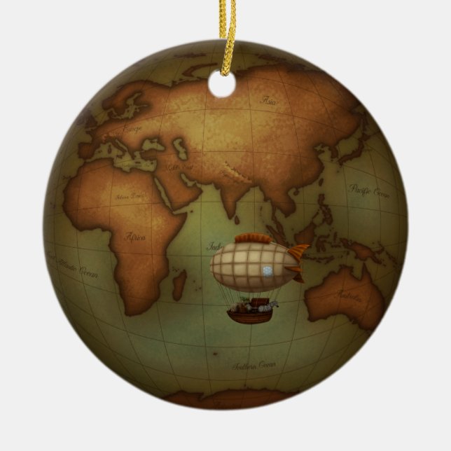 Airship Flying Over Eastern Hemisphere Map Custom Ceramic Ornament (Front)