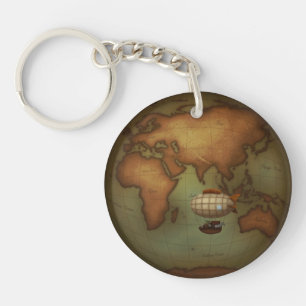 Airship Flying Over Eastern Hemisphere Map Custom Key Ring
