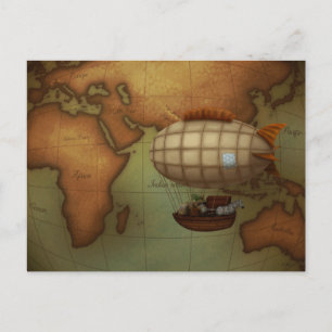 Airship Flying Over Eastern Hemisphere Map Custom Postcard