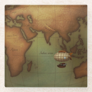 Airship Flying Over Map of Africa Asia & Australia Glass Coaster