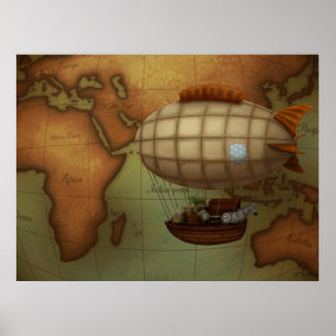 Airship on Expedition Over Eastern Hemisphere Map Poster
