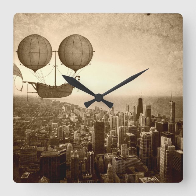 Airship Over Chicago Square Wall Clock (Front)