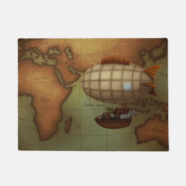 Airship Over Eastern Hemisphere Map Steampunk Doormat (Front)
