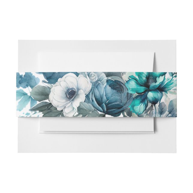 Airy Blue and Teal Peony Rustic Wedding Invitation Belly Band (Front Example)